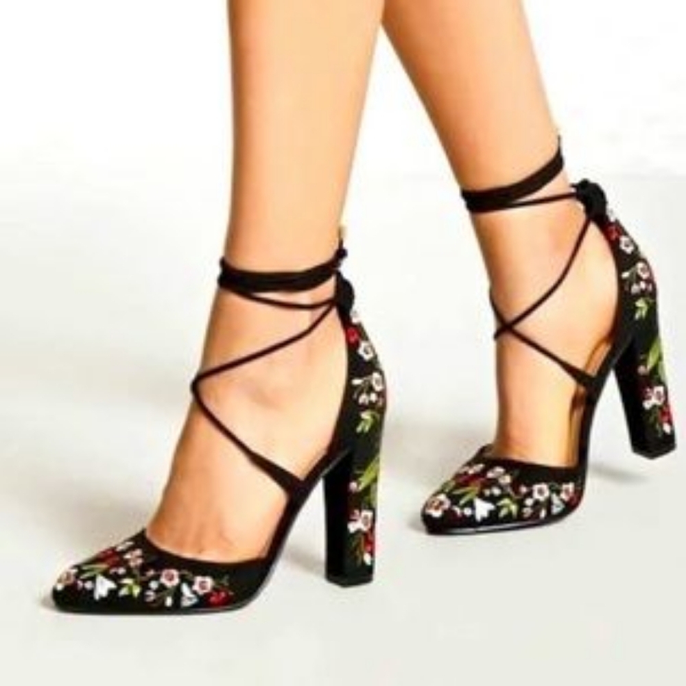 Forever 21 Floral Heels With Ankle Lace Up Detail